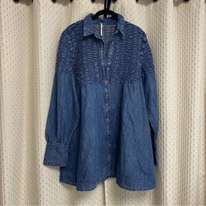 Free People Denim Find Me Now Mini Dress Button
Up Textured Celestial Blue